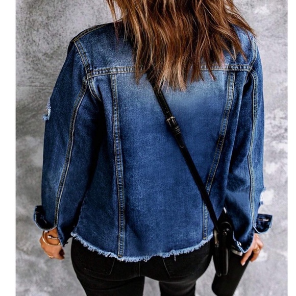 Medium Wash Distressed Frayed Hem Button Jean Jacket - Picture 3 of 6